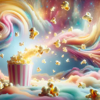 In a surreal dream, colorful kernels dance wildly, popping popcorn everywhere joyfully.