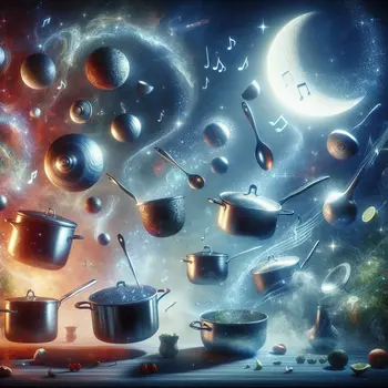 In a dream, pots and pans danced under a shimmering moonlight glow.