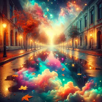 In my dream, vibrant puddles reflected clouds dancing above a silent street. In my dream, vibrant puddles reflected clouds dancing above a silent street.