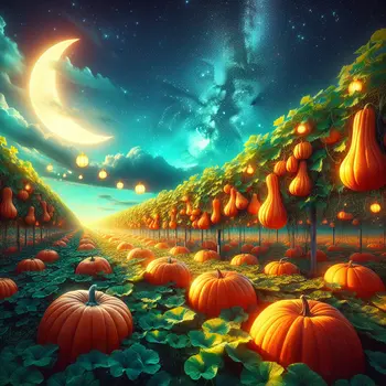 In my dream, vibrant pumpkins danced under a glowing moonlit sky.