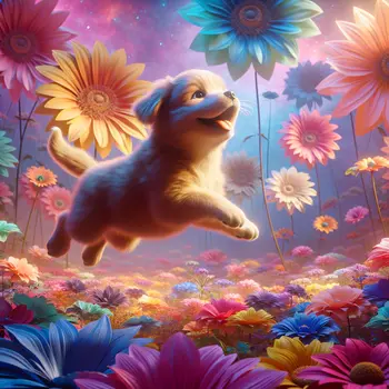 In my dream, a joyful puppy frolicked among colorful flowers, wagging its tail.