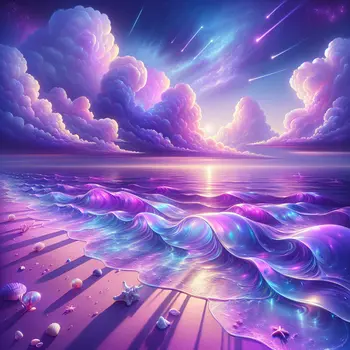 Waves lap softly against shores of shimmering purple sea in vibrant dream.