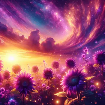 In my dream, purple sunflowers danced under a radiant, shimmering sunset sky.