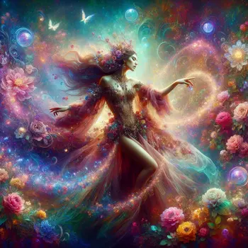 In my dream, the queen danced gracefully amidst blooming flowers, radiating power.