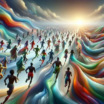 In a dream, countless runners of all races unite, transcending barriers together.