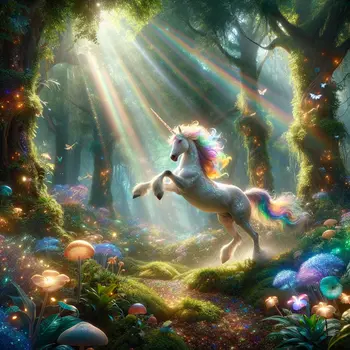 In my dream, a rainbow-colored unicorn pranced through a sparkling, enchanted forest.