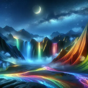 In my dream, rainbow-colored waterfalls cascaded down shimmering mountains under a starry sky. In my dream, rainbow-colored waterfalls cascaded down shimmering mountains under a starry sky.