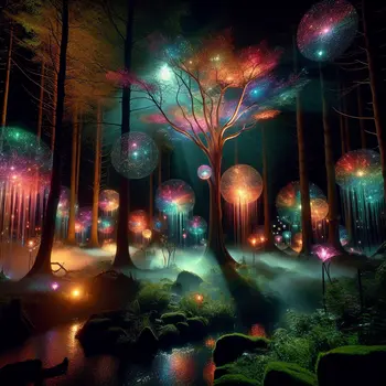 In my dream, shimmering rainbow crystals floated, illuminating a dark, enchanted forest.