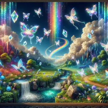 In the dream, rainbow light cascaded, illuminating a serene, ethereal landscape. In the dream, rainbow light cascaded, illuminating a serene, ethereal landscape.