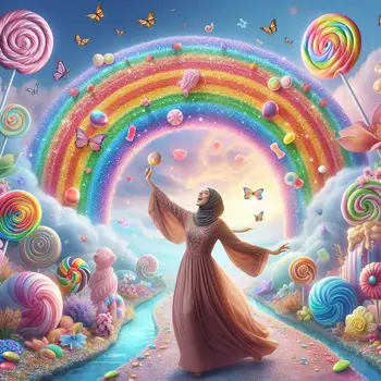 In the dream, I danced beneath the rainbow made of candy, smiling joyfully.