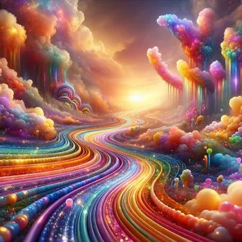 In a dream, I walked vibrant rainbow paths under a glowing sunset sky.