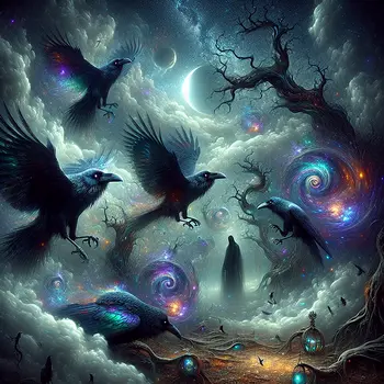 In my dream, shadowy ravens gather, whispering secrets of forgotten realms.