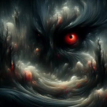 In the dream, shadows loomed, revealing piercing red eyes amidst the darkness.