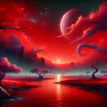 In the dream, a vibrant red sky painted a haunting, surreal landscape.