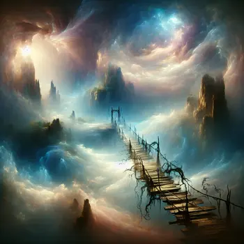 In the dream, I crossed a rickety wooden bridge over swirling mist. In the dream, I crossed a rickety wooden bridge over swirling mist.