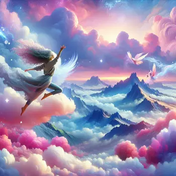 In a dream, I soared above mountains, riding clouds beneath a pastel sky.