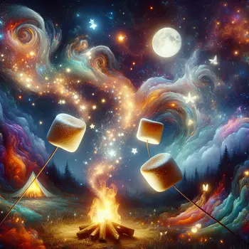 In his dream, warm roasted marshmallows sparkled under a glowing starlit sky.