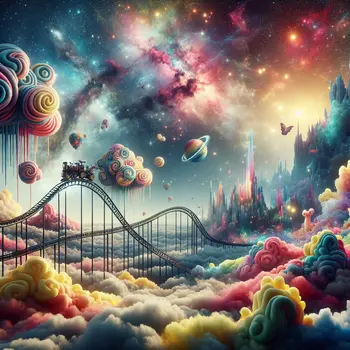 In the dream, the rollercoaster soared high, twisting through vibrant clouds. In the dream, the rollercoaster soared high, twisting through vibrant clouds.