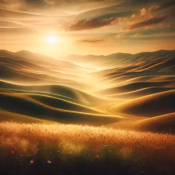 In the dream, golden light bathes endless rolling hills, whispering secrets softly.