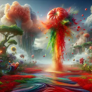 In a dream, a giant rotten tomato rained down, splattering vibrant colors everywhere. In a dream, a giant rotten tomato rained down, splattering vibrant colors everywhere.