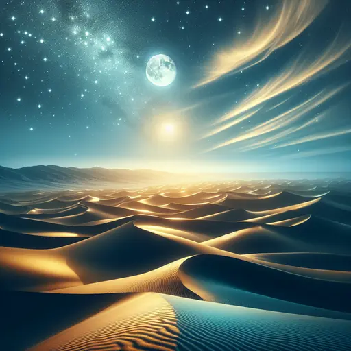 In my dream, waves of golden sand dunes shimmer under a glowing moon.