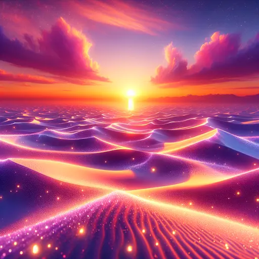 In the dream, endless sand dunes shimmer under a glowing, surreal sunset.