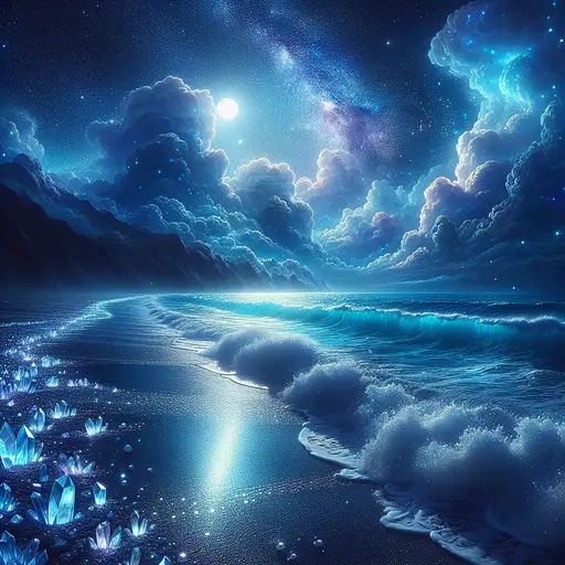 In a dream, sapphire waves crash under a silver moonlight glow.