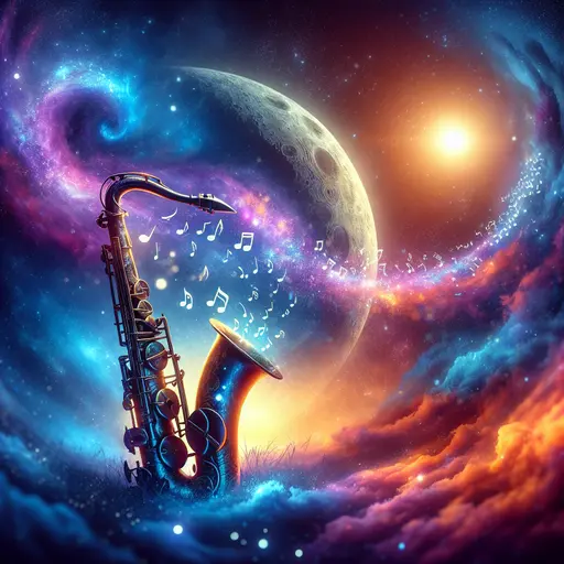 In my dream, a saxophone weeps under a moonlit, swirling jazz cloud.