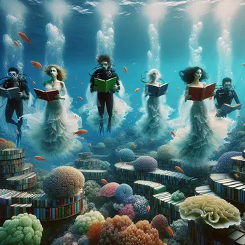 In my dream, scuba diving librarians catalog underwater books amidst vibrant coral reefs.