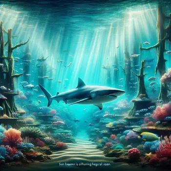 In a vivid dream, a majestic shark glides through an underwater forest.