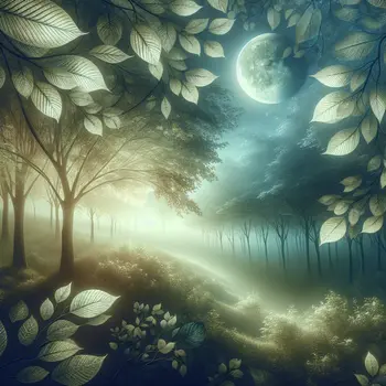 In the dream, shimmering leaves danced softly under a glowing, silver moonlight.