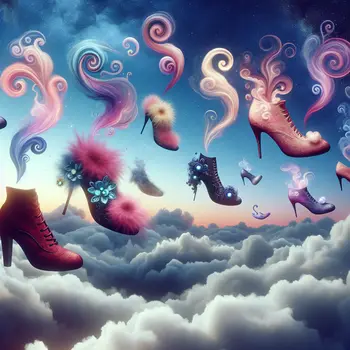 In a dream, shoes float above clouds, each pair whispering secrets.