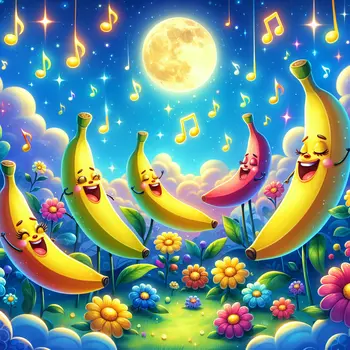 In my dream, colorful singing bananas danced joyfully under a moonlit sky.