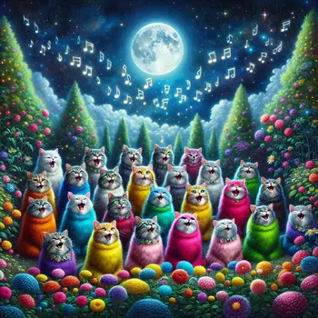 In a moonlit garden, singing cats harmonized softly under twinkling stars - pure dream.