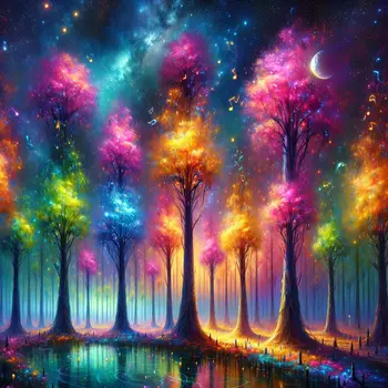 In my dream, vibrant singing trees harmonize under a starlit, moonlit sky.