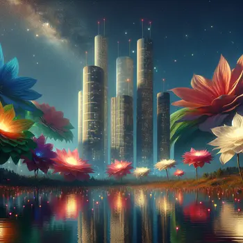 In a dream, oversized flowers danced beside tiny towering skyscrapers under stars.