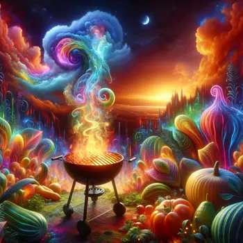 In my dream, a sizzling hot grill roasted vibrant vegetables under sunset skies.