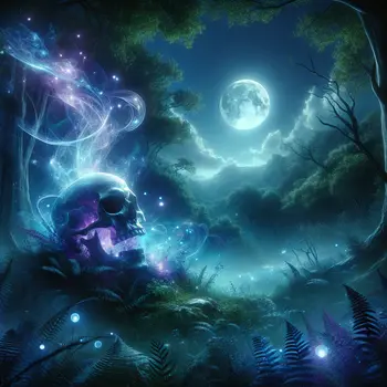 In a dream, a glowing skull whispers secrets beneath the moonlit sky.