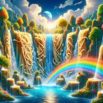 In my dream, a spaghetti waterfall cascades, glimmering under a rainbow sky.