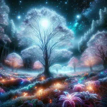 In the dream, sparkling trees shimmered under a moonlit sky, enchanting my spirit.