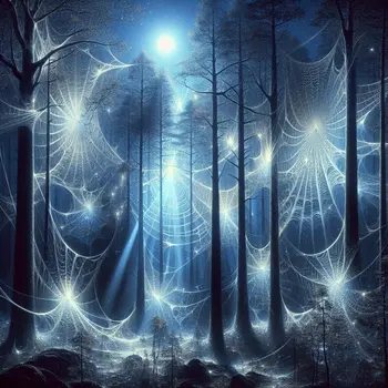 In the dream, shimmering spider webs filled the forest, glistening in moonlight.