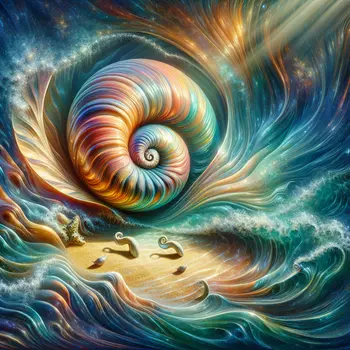 In the dream, I found a shimmering spiraled seashell beneath glowing waves.