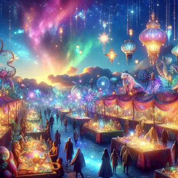 In my dream, colorful stalls overflowed with shimmering treasures under a twilight sky.