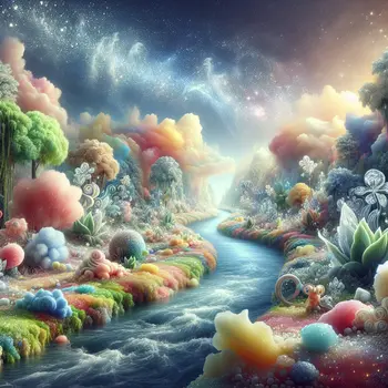 In my dream, rivers flowed with shimmering sugar, sweetening the vibrant landscape.