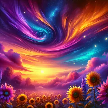 In my dream, sunflowers danced under a vibrant, swirling twilight sky.