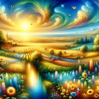 In my dream, golden sunshine poured over blooming fields, warm and inviting. In my dream, golden sunshine poured over blooming fields, warm and inviting.