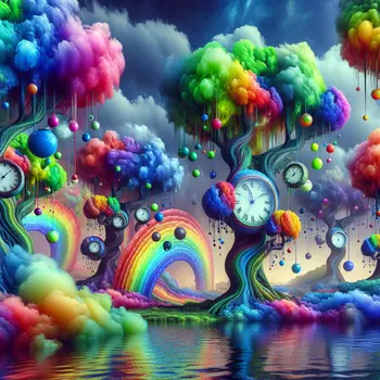 Floating clocks dripped from rainbow trees in a vivid dream of surrealism.