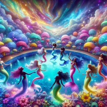 In my dream, colorful mermaids danced around the shimmering swimming pool.