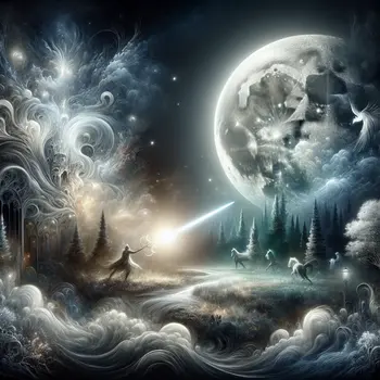 In a dream, a glowing sword battles shadows under a moonlit sky.