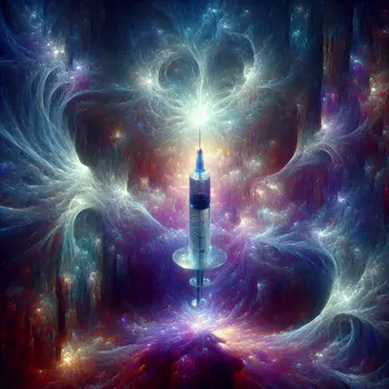 In the dream, a syringe glows ominously under swirling shadows and whispers.